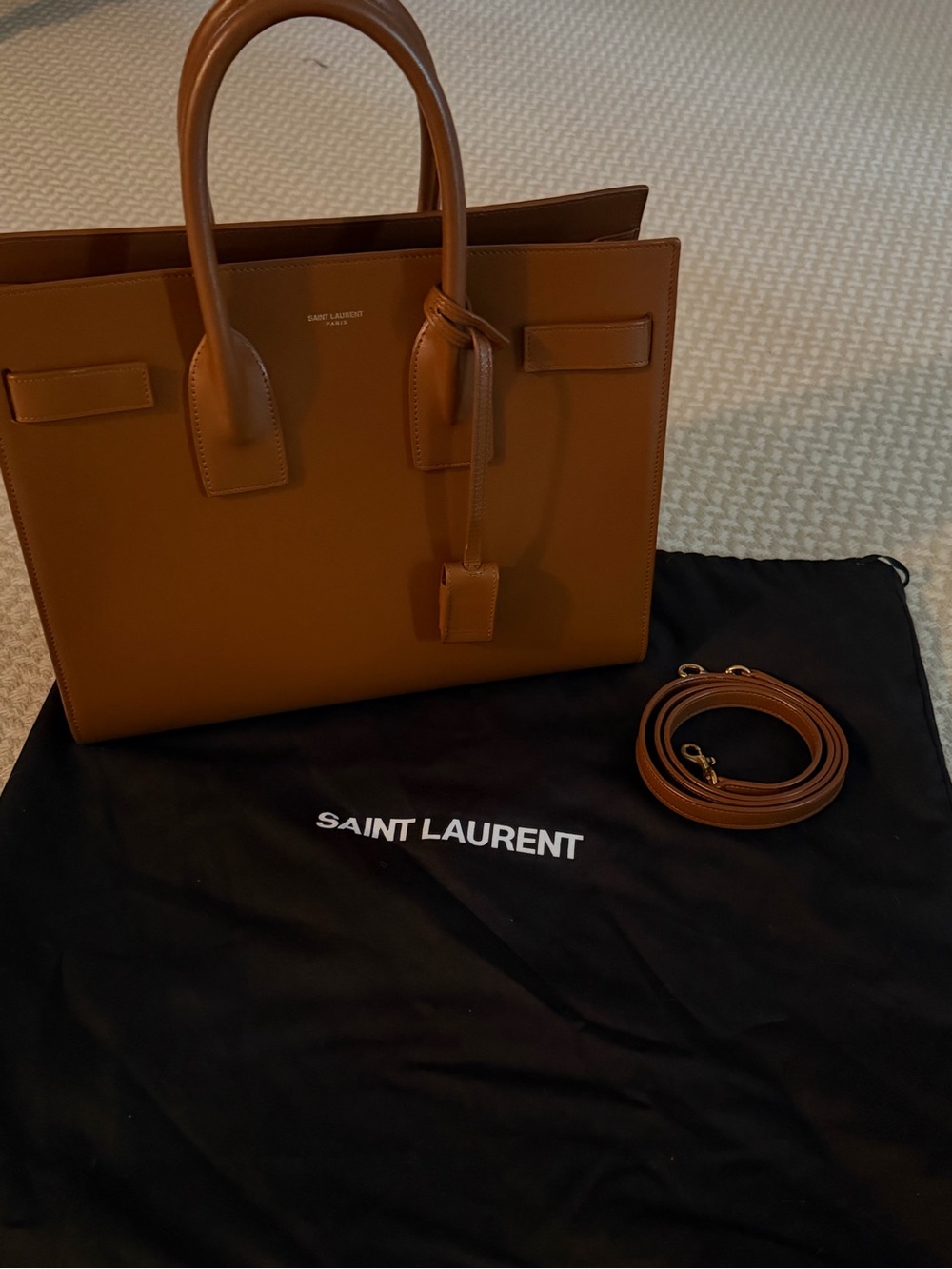 Saint Laurent Cognac Leather Structured Tote with Strap